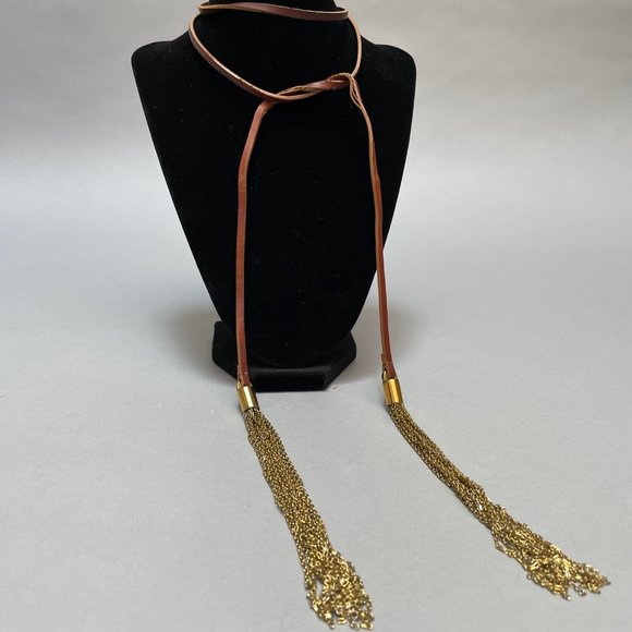 Michael Kors Brown Leather Double Gold Tassel Tie Necklace - Picture 1 of 5